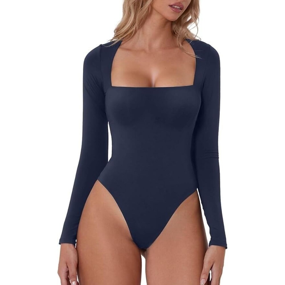 Women's Sexy Square Neck Bodysuit Small Blue Long Sleeve Double Lined Shirt Top